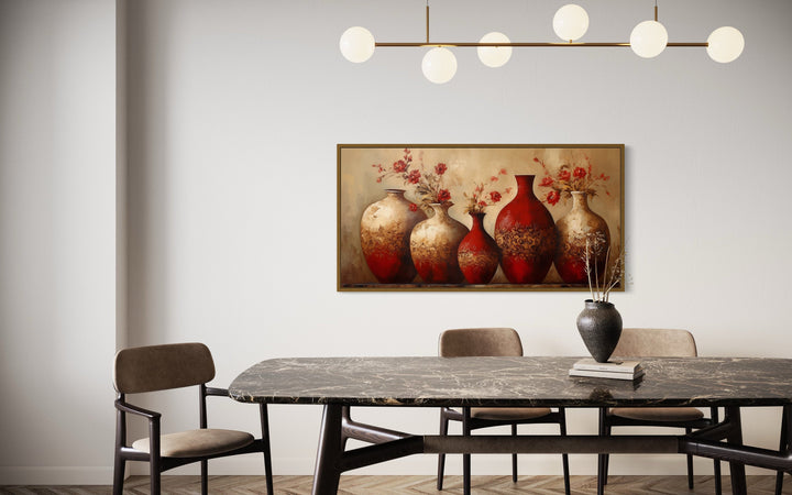 Dining Room Framed Canvas Wall Art Red Gold Vases With Flowers Painting