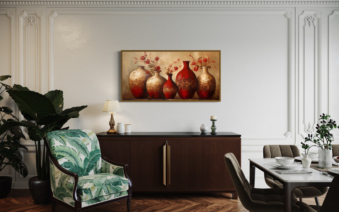 Dining Room Framed Canvas Wall Art Red Gold Vases With Flowers Painting