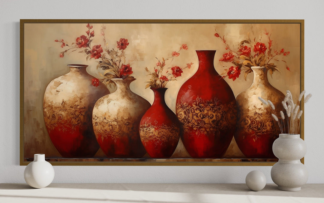 Dining Room Framed Canvas Wall Art Red Gold Vases With Flowers Painting