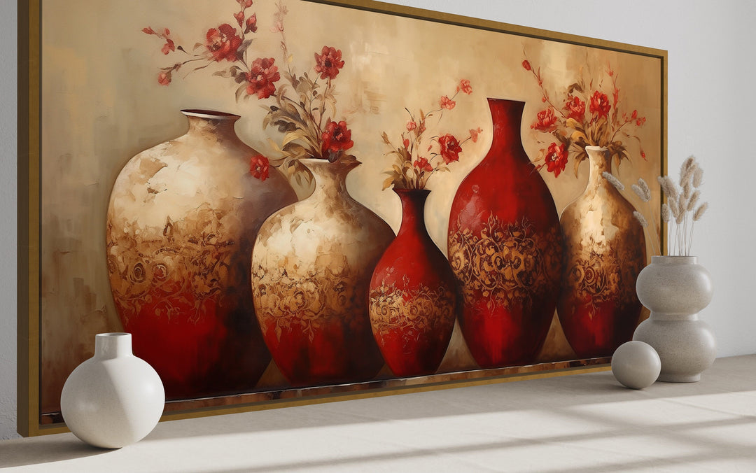 Dining Room Framed Canvas Wall Art Red Gold Vases With Flowers Painting