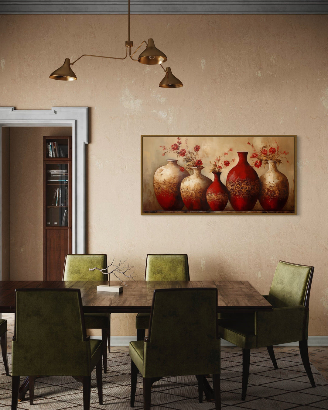 Dining Room Wall Art Red Gold Vases With Flowers Painting Extra Large Canvas Print,