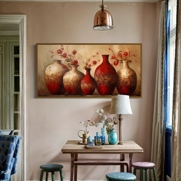 Red and gold vases with flowers painting on canvas.
