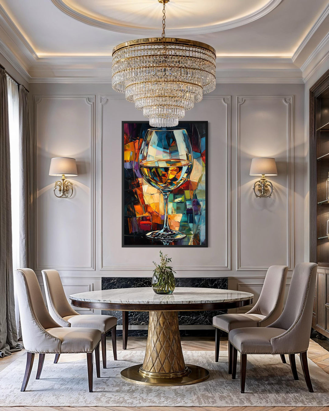 Abstract wine glass canvas print with vibrant jewel tones in a luxurious dining room setting.