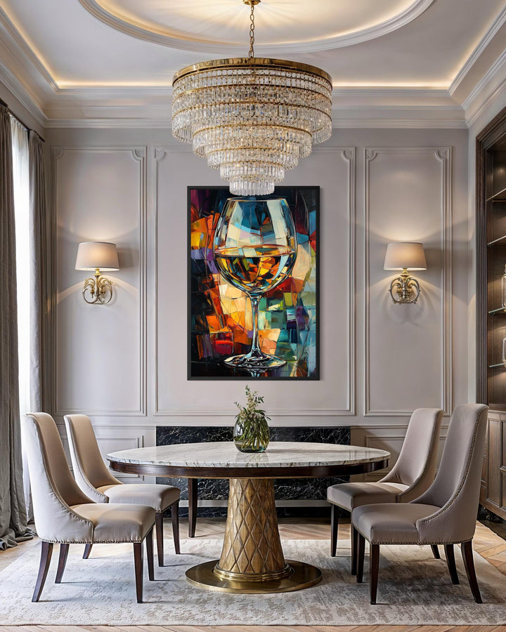 Abstract wine glass canvas print with vibrant jewel tones in a luxurious dining room setting.