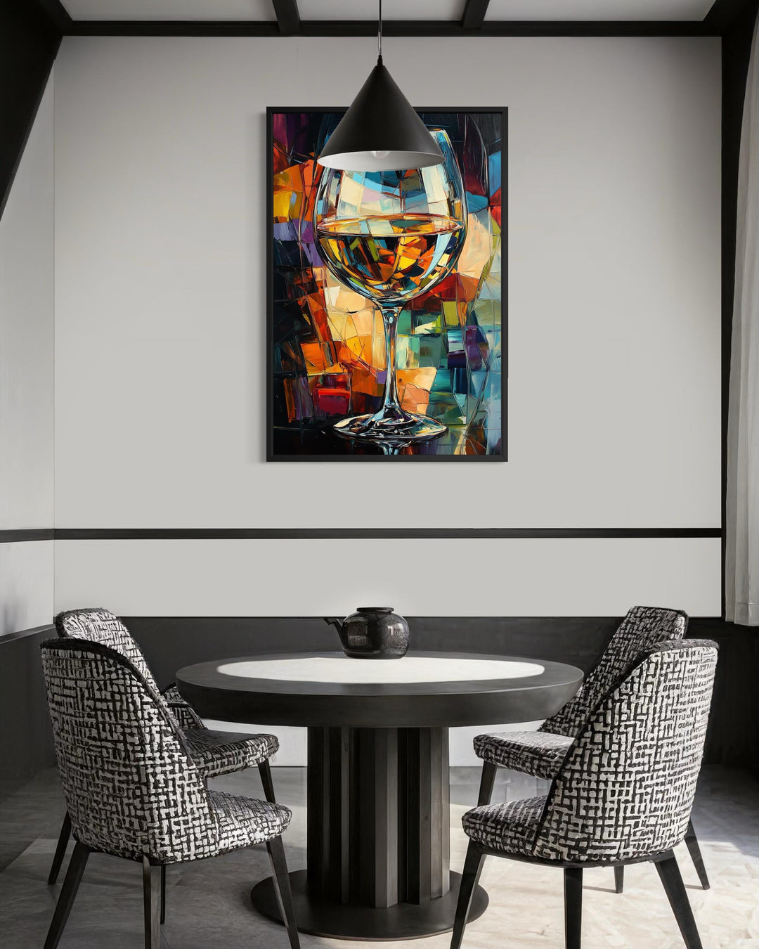 Abstract wine glass canvas print with vibrant jewel tones hanging in a modern dining room.