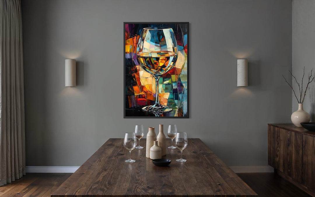 Abstract wine glass canvas print with vibrant jewel tones hanging in a modern dining room.