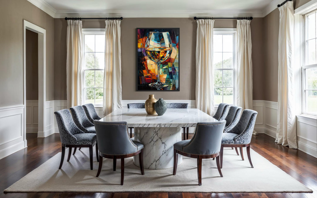 Abstract wine glass canvas print with vibrant jewel tones displayed in a modern dining room.