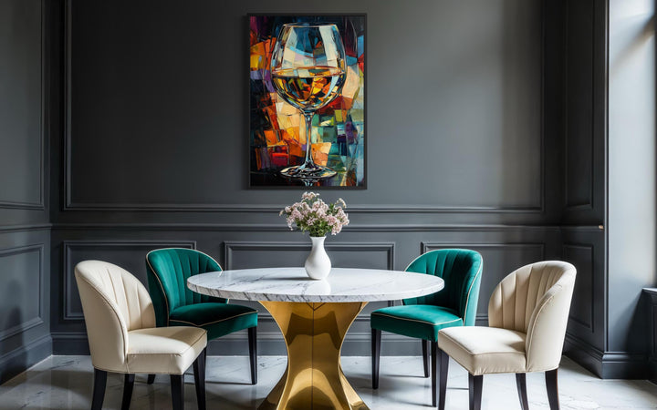 Dining room wall art featuring an abstract wine glass canvas print with vibrant jewel tones.