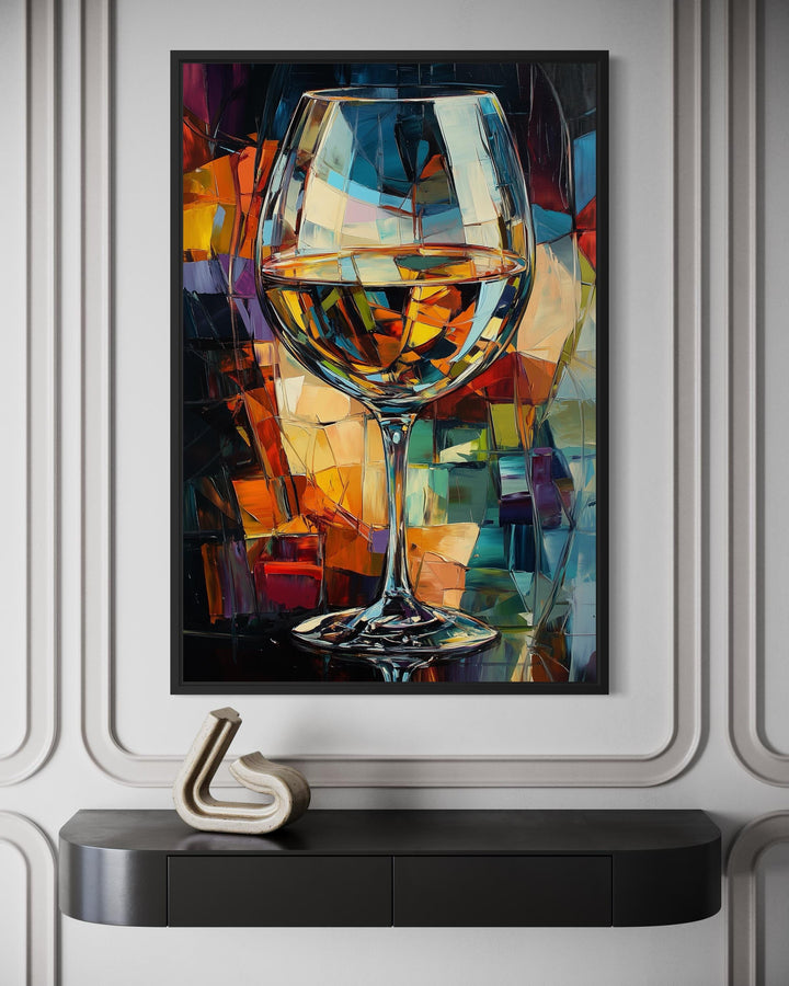 Abstract wine glass canvas print with vibrant jewel tones in a black frame on a modern wall.