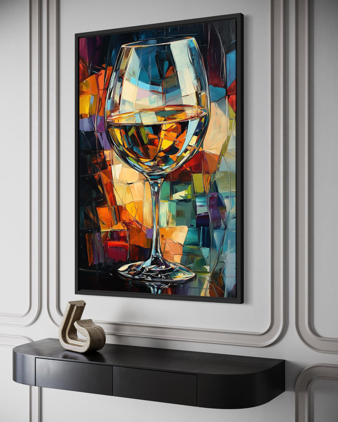 Abstract wine glass canvas print in vibrant jewel tones displayed in a modern dining room setting.
