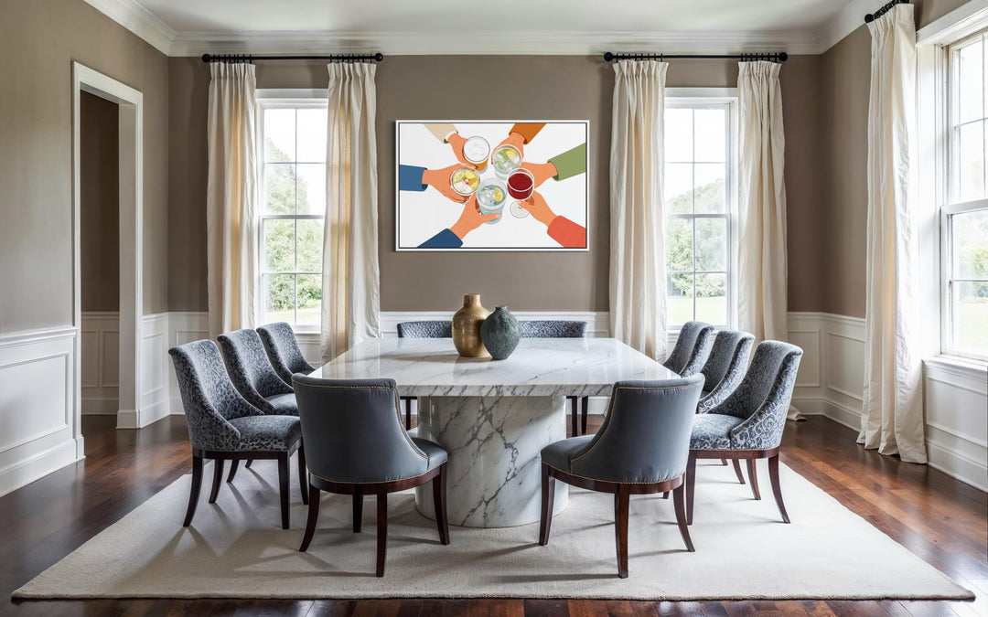 Modern dining room wall art featuring a colorful illustration of friends toasting drinks.
