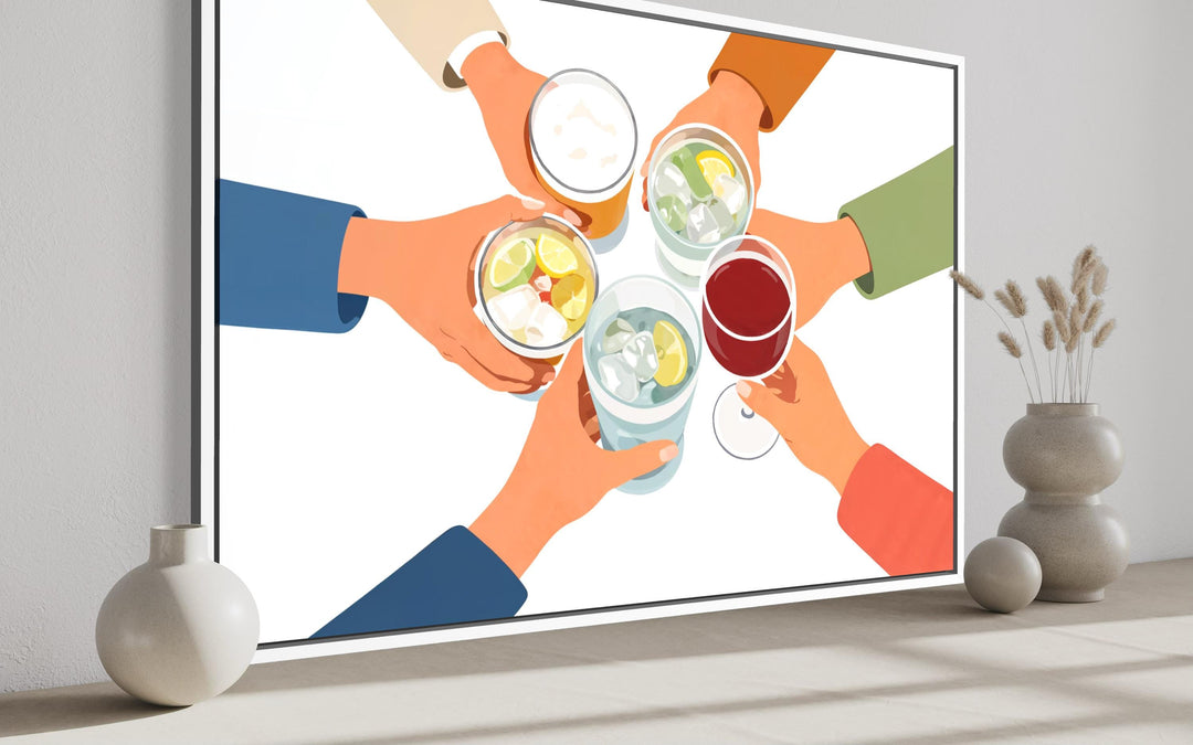 Modern canvas print of friends toasting drinks in a colorful, overhead graphic illustration.