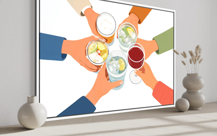 Modern canvas print of friends toasting drinks in a colorful, overhead graphic illustration.