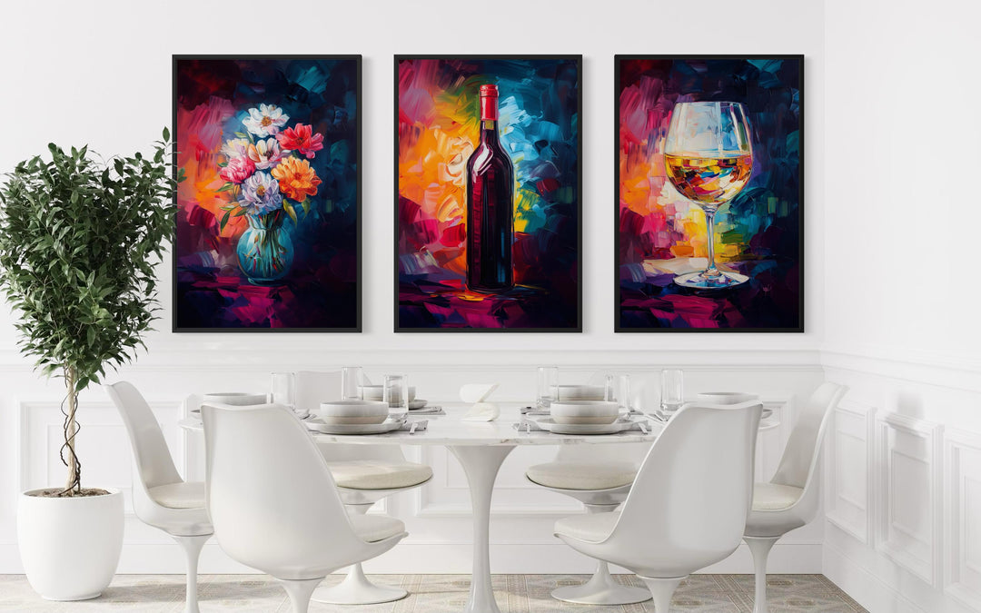 Set of three colorful canvas prints featuring a wine bottle, flower vase, and wine glass.
