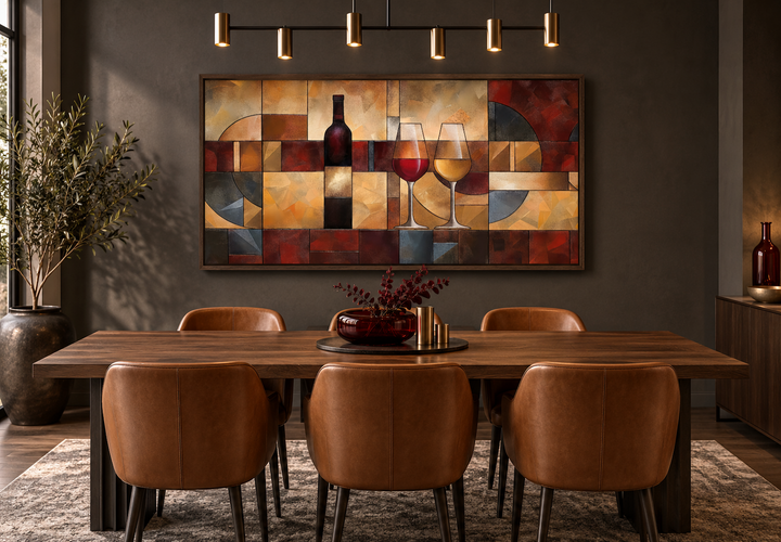 Abstract wine bottle and glasses canvas wall art in red and gold tones above a dining table.