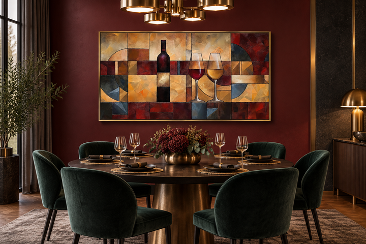 Abstract wine bottle and glasses canvas wall art in red and gold above a dining table.