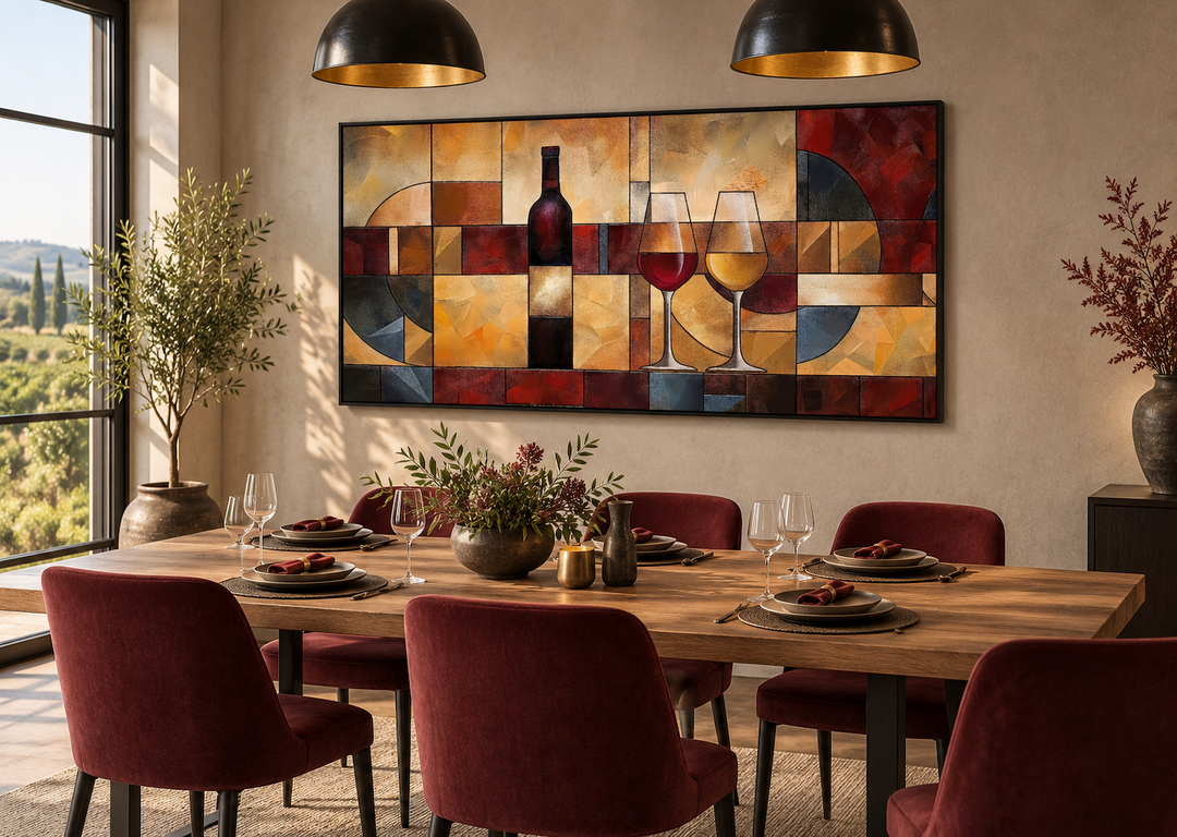 Large abstract wine bottle and glasses canvas wall art in red and gold above a dining table.