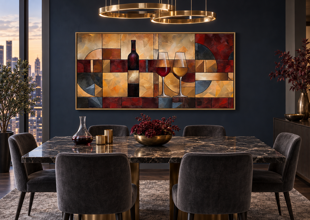 Red and gold abstract wine bottle and glasses canvas wall art in a modern dining room setting.