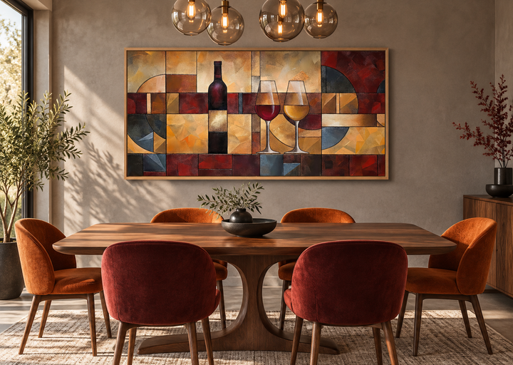 Red and gold abstract wine bottle and glasses canvas art in a modern dining room setting.