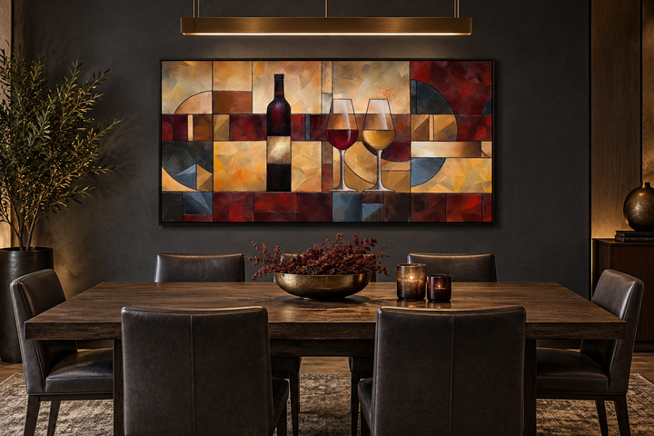 Abstract red and gold wine bottle and glasses canvas art hanging in a modern dark dining room.