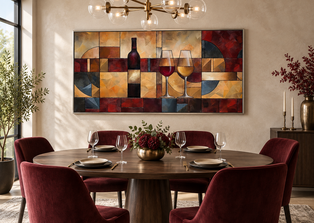 Red and gold abstract wine bottle and glasses canvas wall art in a modern dining room.