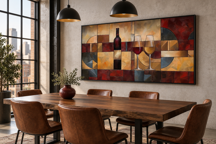 Large abstract wine bottle and glasses canvas wall art in red and gold above a dining table.
