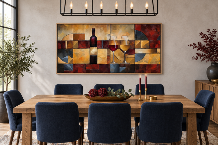 Abstract red and gold wine bottle and glasses canvas art above a dining table with blue chairs.