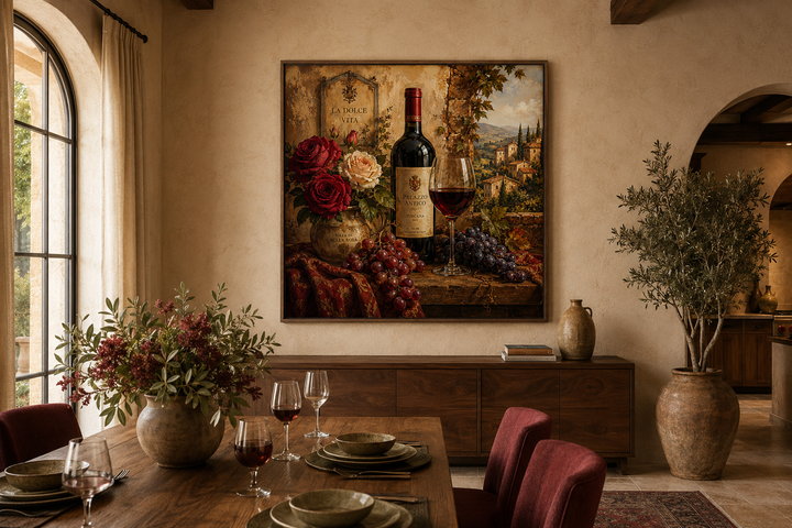 Italian-inspired still life canvas print of a red wine bottle, glass, grapes, and roses on a wall.