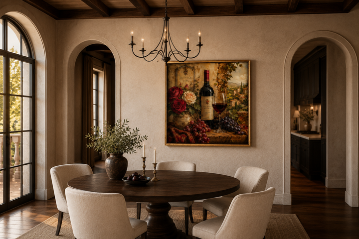 Framed still life canvas of a red wine bottle, glass, grapes, and roses in a rustic dining room.