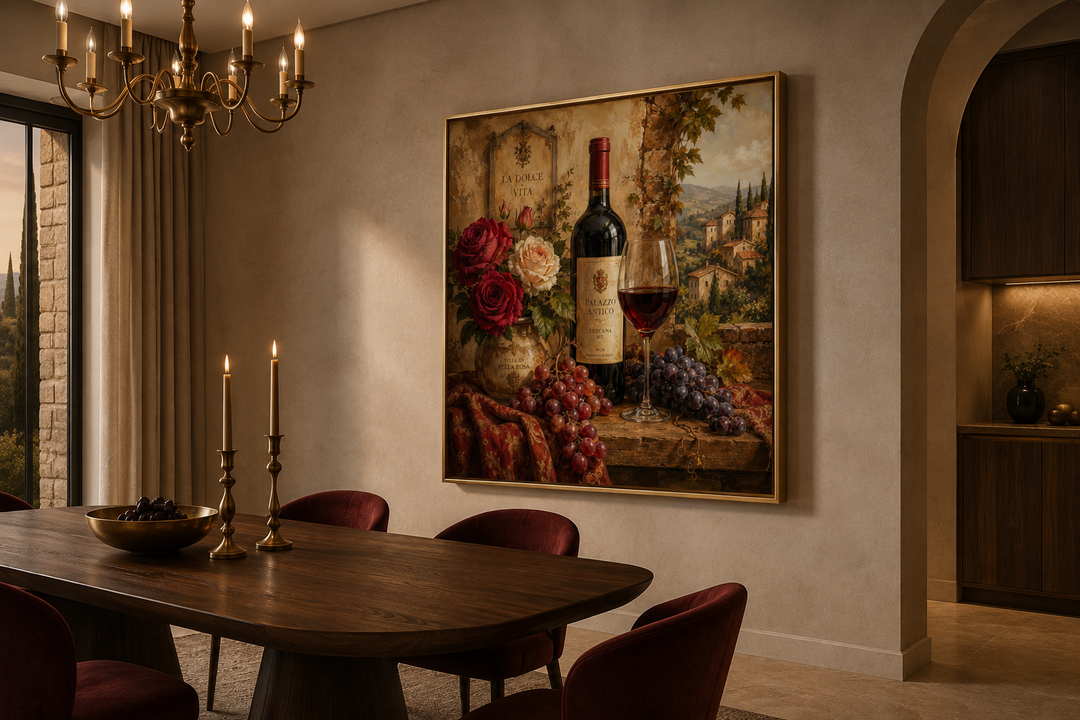Italian-inspired still life wall art of a red wine bottle, glass, grapes, and roses in a dining room