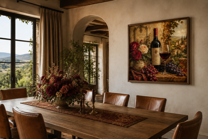 Framed Italian-inspired still life wall art of a red wine bottle, glass, grapes, and roses.