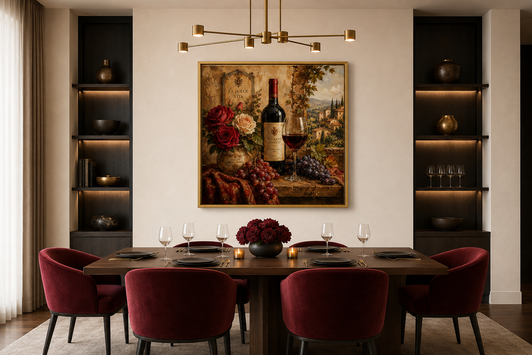 Framed canvas wall art of a red wine bottle, glass, grapes, and roses in an Italian dining room.