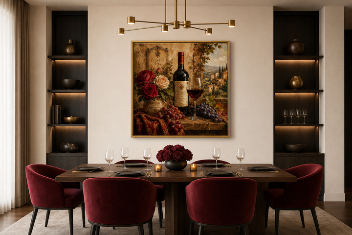 Framed canvas wall art of a red wine bottle, glass, grapes, and roses in an Italian dining room.