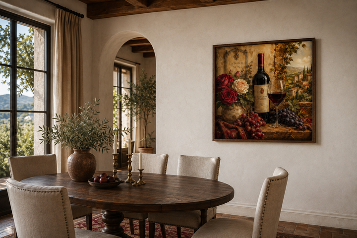 Framed Italian-inspired still life wall art of a red wine bottle, glass, grapes, and roses.