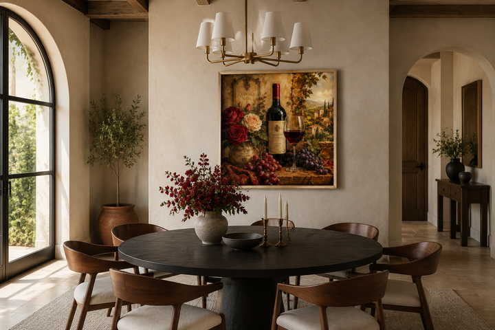 Italian-inspired still life wall art of a red wine bottle, glass, grapes, and roses in a frame.