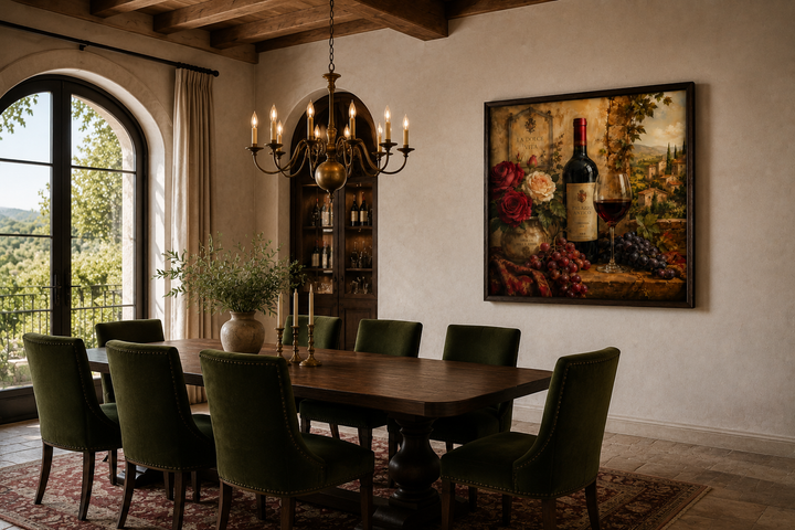 Italian-inspired still life canvas print of a red wine bottle, glass, grapes, and roses on a wall.
