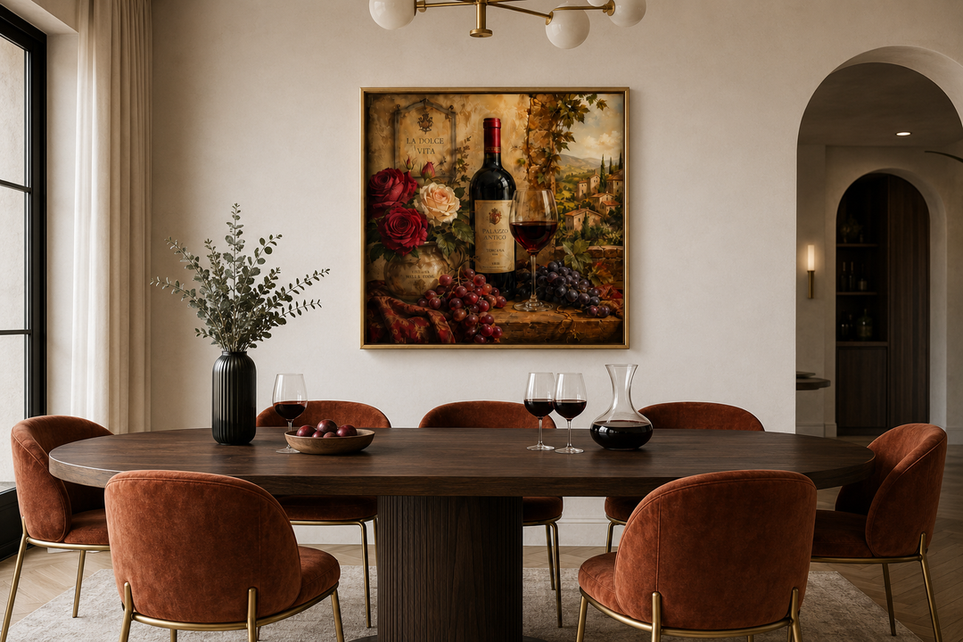 Italian-inspired still life canvas print of a red wine bottle, glass, grapes, and roses on a wall.