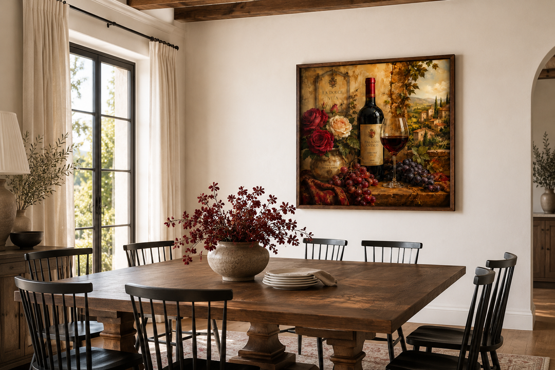 Framed canvas wall art of a red wine bottle, glass, grapes, and roses in an Italian dining room.