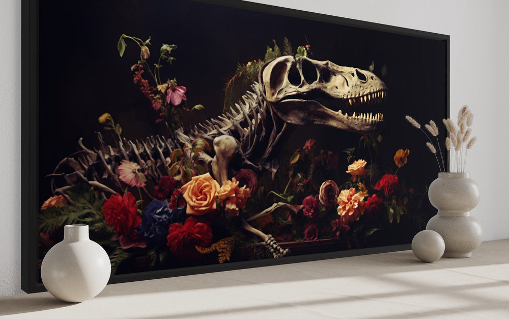 Dinosaur Skull Skeleton And Flowers Gothic Canvas Wall Art