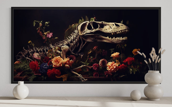 Dinosaur Skull Skeleton And Flowers Gothic Canvas Wall Art