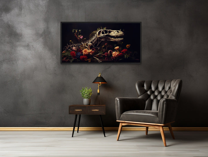 Dinosaur Skull Skeleton And Flowers Gothic Canvas Wall Art