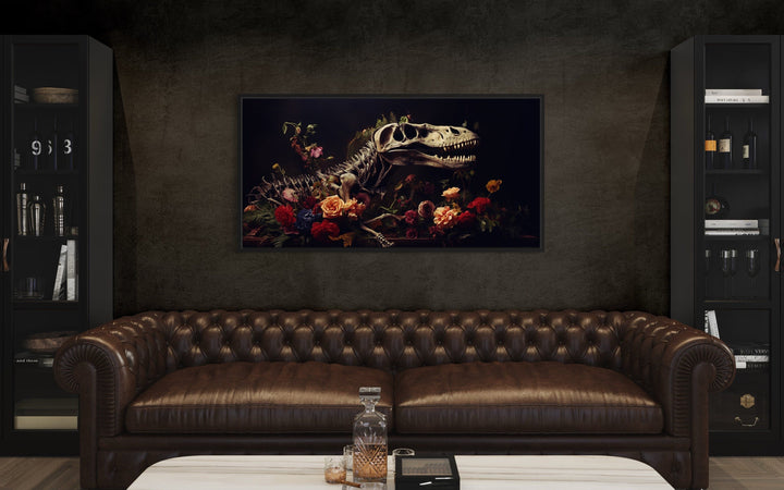 Dinosaur Skull Skeleton And Flowers Gothic Canvas Wall Art