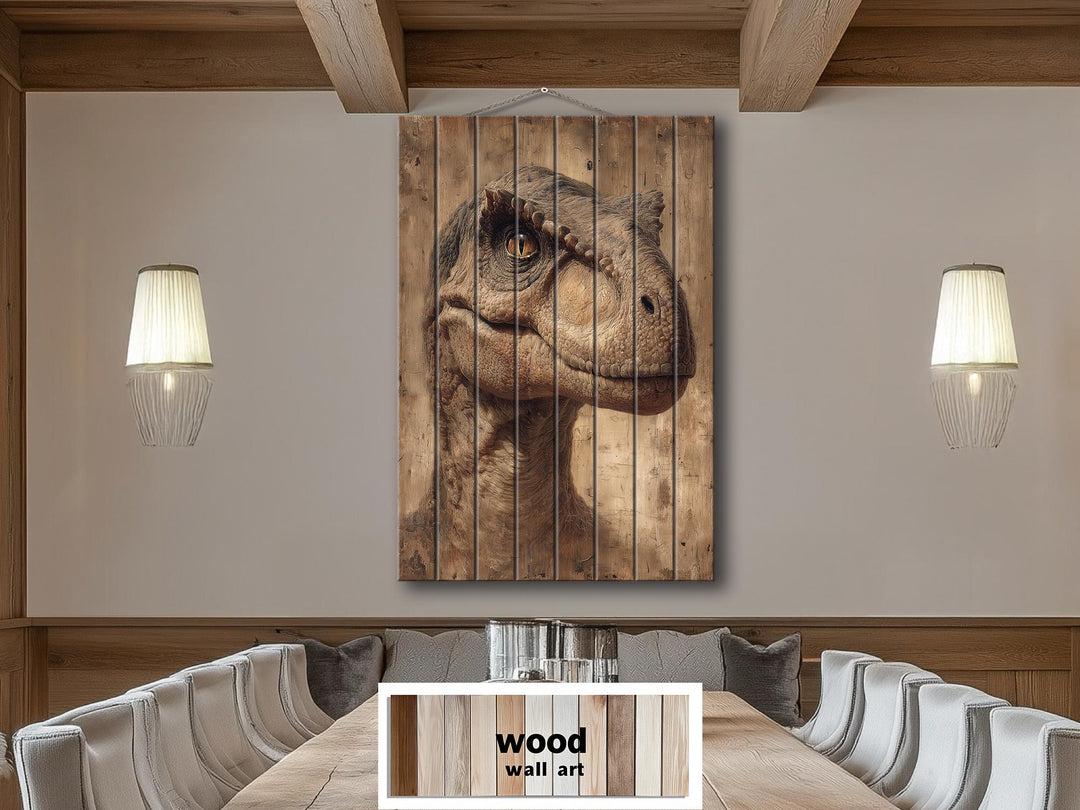 A realistic T-Rex portrait printed on vertical wooden planks, ideal for a bedroom or man cave.