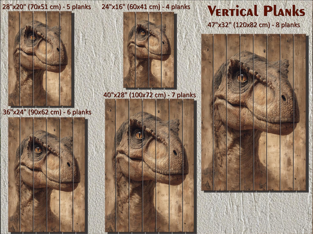 A T-Rex dinosaur portrait printed on vertical wood planks, available in five different sizes.