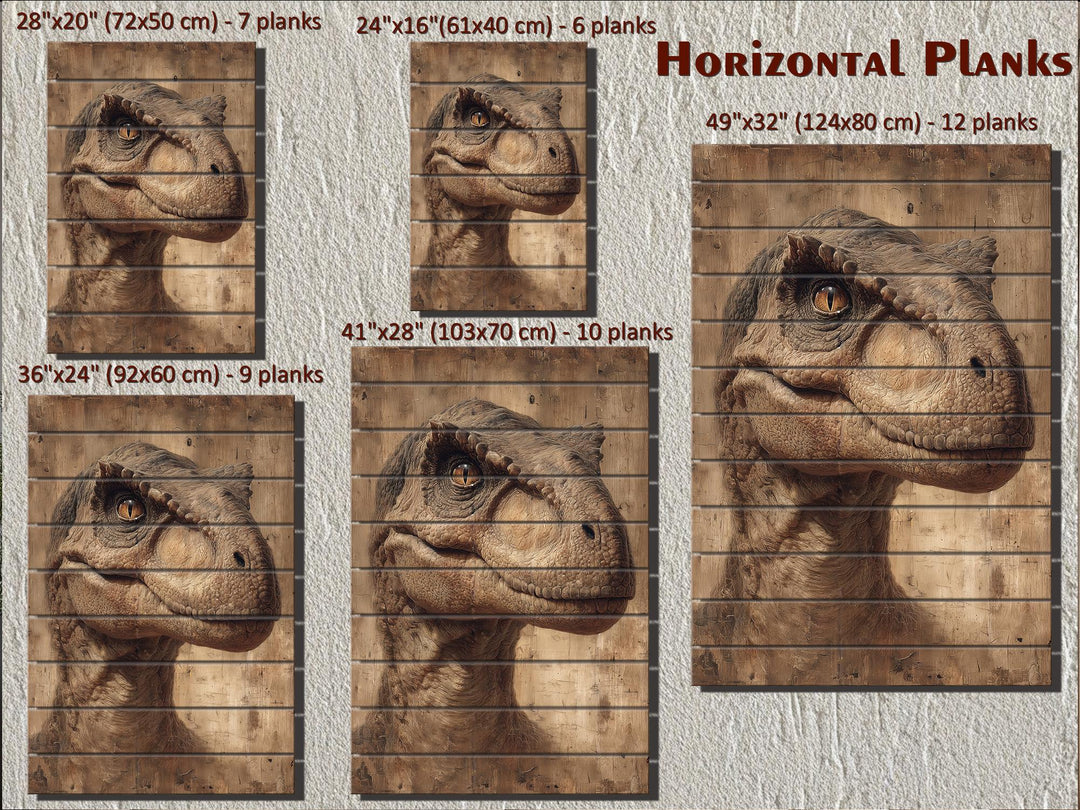 A T-Rex dinosaur portrait printed on horizontal wood planks in five different size options.