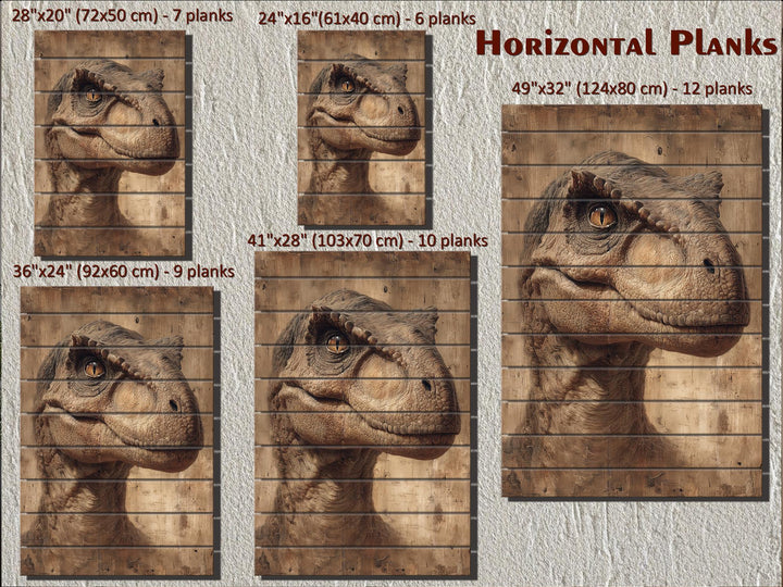 A T-Rex dinosaur portrait printed on horizontal wood planks in five different size options.