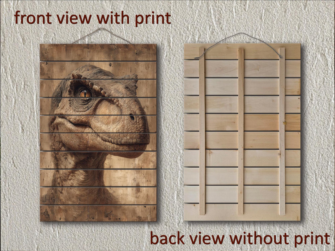 Vertical wood plank wall art featuring a realistic T-Rex print with front and back views.