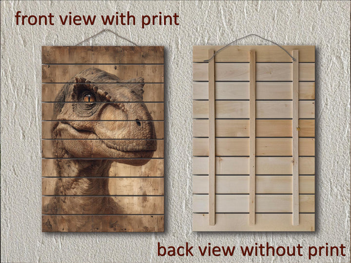 Vertical wood plank wall art featuring a realistic T-Rex print with front and back views.