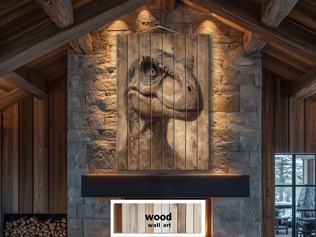 A realistic T-Rex portrait printed on vertical wooden planks, ideal for a bedroom or man cave.