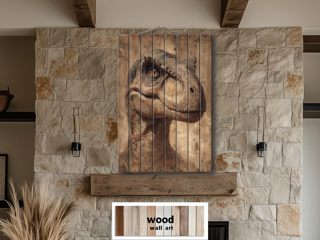 A realistic T-Rex portrait printed on vertical wooden planks for a rustic wall art display.
